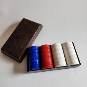 Vintage Poker Chips Set in Brown Bakelite Case‎ - Red, White and Blue Chips